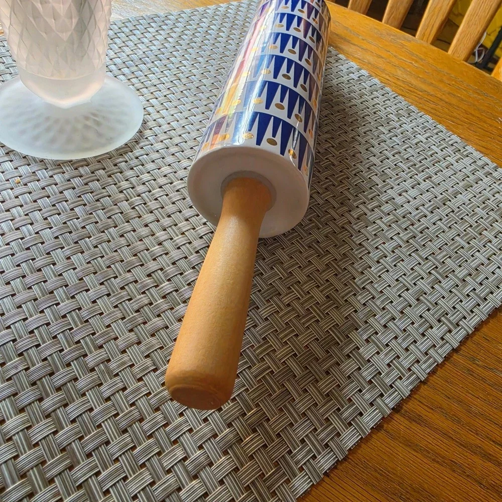 Modern Blue & White Geometric Ceramic Rolling Pin with Wooden Handles |...